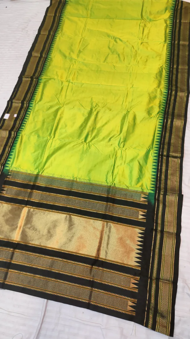 Lime Green and Jet Black Gadwal Pure Mulberry Silk Saree with Traditional Zari Temple Pallu