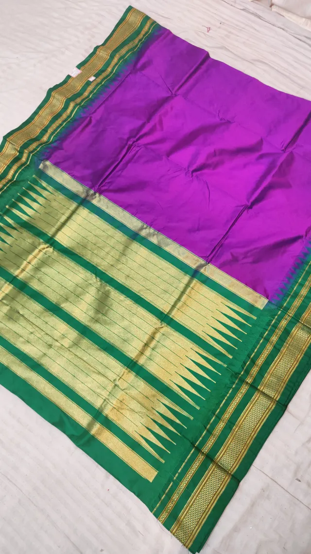 Magenta Violet and Emerald Green Gadwal Pure Mulberry Silk Saree with Traditional Zari Temple Pallu