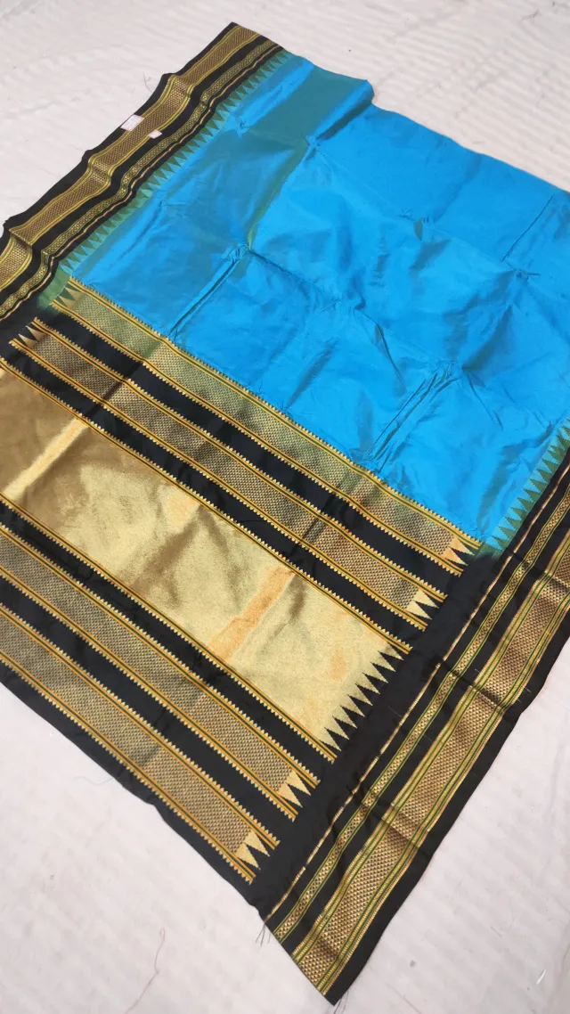 Sky Blue and Jet Black Gadwal Pure Mulberry Silk Saree with Traditional Zari Temple Pallu