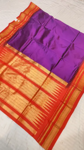 Purple Violet and Scarlet Red Gadwal Pure Mulberry Silk Saree with Traditional Zari Temple Pallu