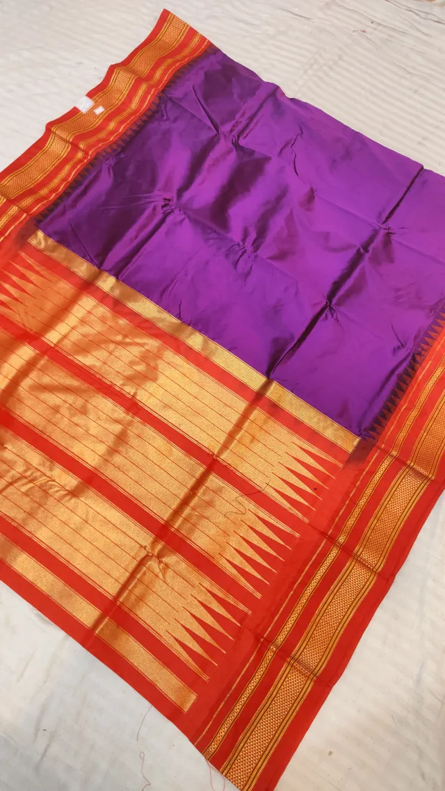 Purple Violet and Scarlet Red Gadwal Pure Mulberry Silk Saree with Traditional Zari Temple Pallu