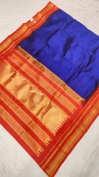 Royal Blue and Scarlet Red Gadwal Pure Mulberry Silk Saree with Traditional Zari Temple Pallu