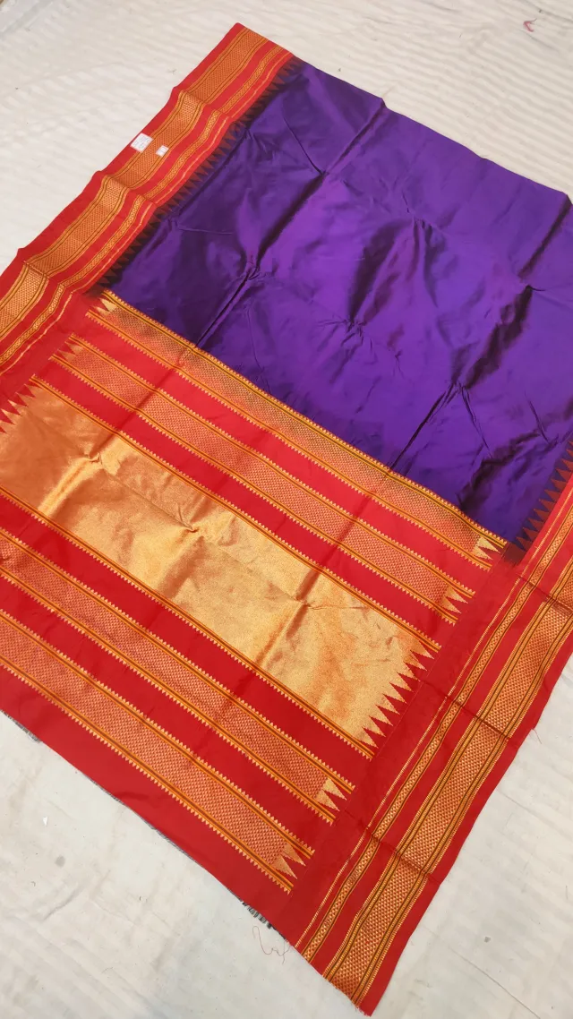 Royal Purple and Scarlet Red Gadwal Pure Mulberry Silk Saree with Traditional Zari Temple Pallu