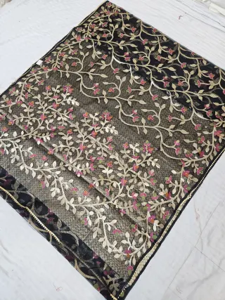 Jet Black Muslin Jamdani Soft Silk Saree with All-Over Floral Jaal and Meenakari Weave