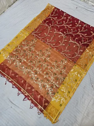 Crimson Maroon and Sunset Orange Muslin Jamdani Soft Silk Saree with All-Over Floral Jaal and Yellow Border