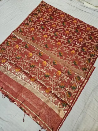 Crimson Red and Terracotta Muslin Jamdani Soft Silk Saree with All-Over Floral Jaal and Meenakari Weave