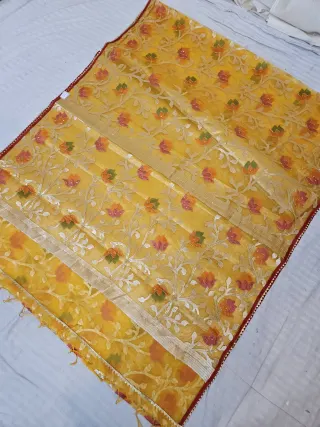 Sunshine Yellow Muslin Jamdani Soft Silk Saree with All-Over Floral Jaal and Meenakari Weave