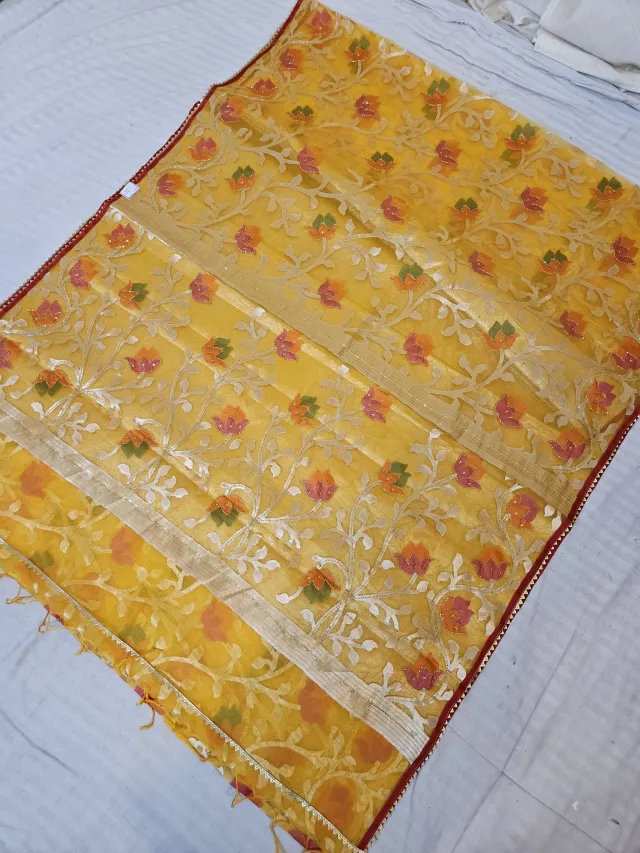Sunshine Yellow Muslin Jamdani Soft Silk Saree with All-Over Floral Jaal and Meenakari Weave