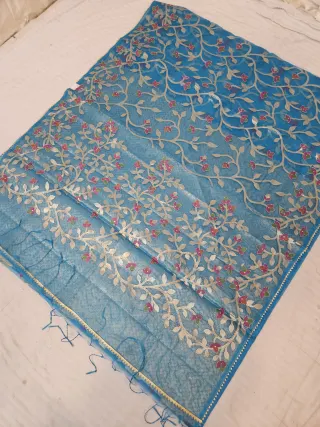 Sky Blue Muslin Jamdani Soft Silk Saree with All-Over Floral Jaal and Meenakari Weave