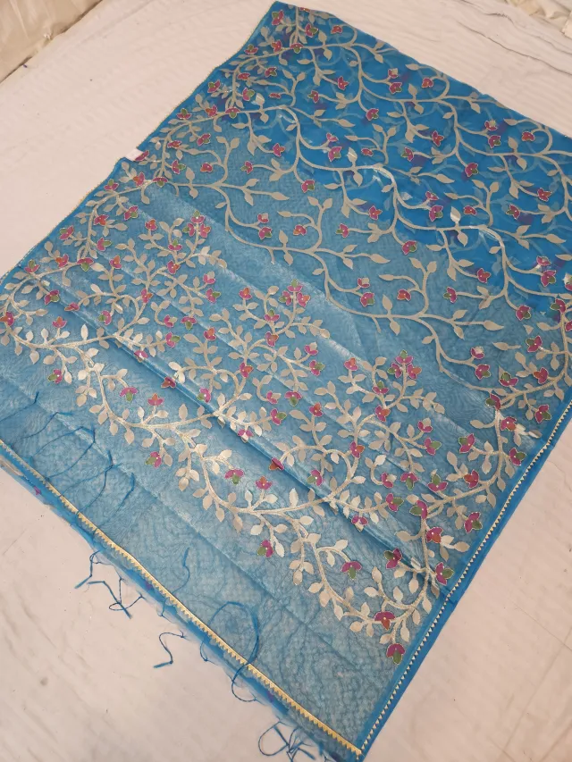 Sky Blue Muslin Jamdani Soft Silk Saree with All-Over Floral Jaal and Meenakari Weave