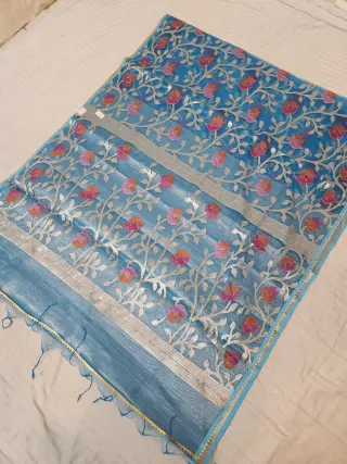 Sky Blue Muslin Jamdani Soft Silk Saree with All-Over Floral Jaal and Meenakari Weave