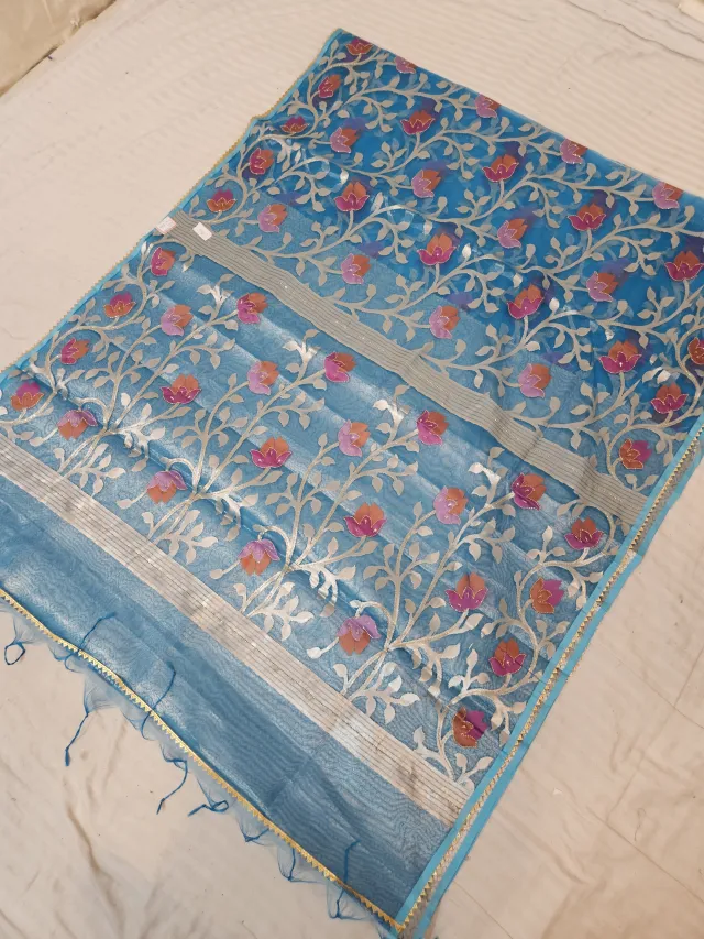 Sky Blue Muslin Jamdani Soft Silk Saree with All-Over Floral Jaal and Meenakari Weave