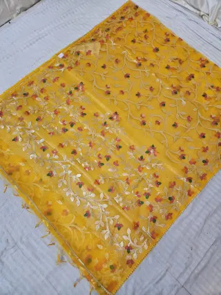 Haldi Yellow Muslin Jamdani Soft Silk Saree with All-Over Floral Jaal and Meenakari Weave