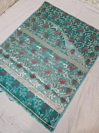 Teal Green and Silver Mint Muslin Jamdani Soft Silk Saree with All-Over Floral Jaal and Meenakari Weave