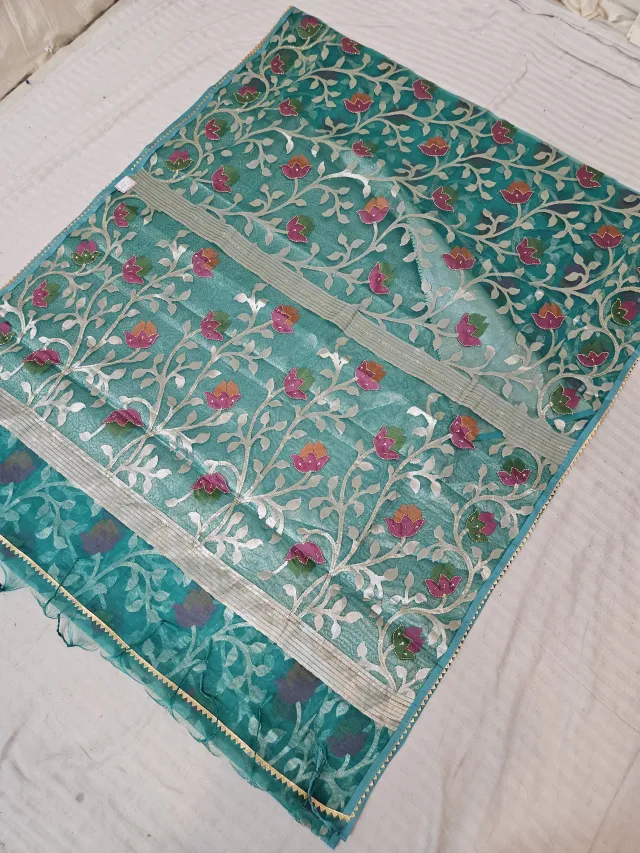 Teal Green and Silver Mint Muslin Jamdani Soft Silk Saree with All-Over Floral Jaal and Meenakari Weave