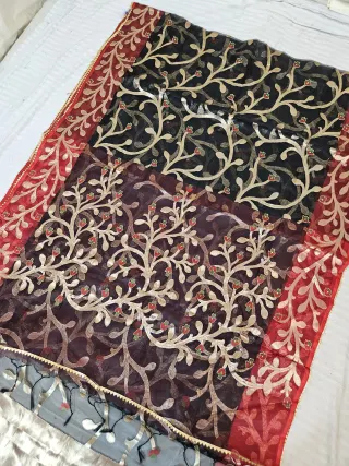 Midnight Black and Plum Muslin Jamdani Soft Silk Saree with All-Over Floral Jaal and Crimson Red Border