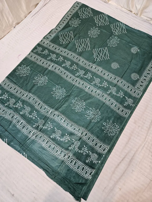 Bottle Green Hand Block Printed Bafta Silk Saree with Floral Butas and Traditional Pallu