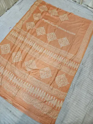Pastel Peach Hand Block Printed Bafta Silk Saree with Geometric Medallions and Tree Motifs