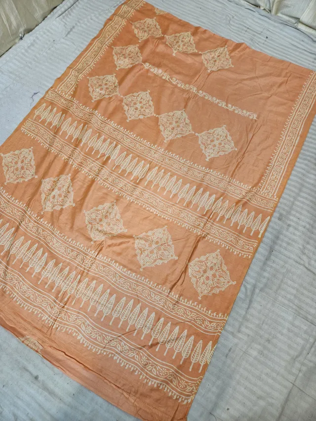 Pastel Peach Hand Block Printed Bafta Silk Saree with Geometric Medallions and Tree Motifs