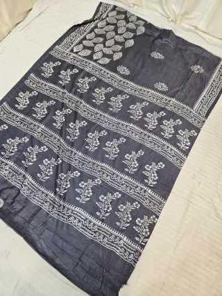 Charcoal Grey Hand Block Printed Bafta Silk Saree with Floral Sprigs and Botanical Aancha