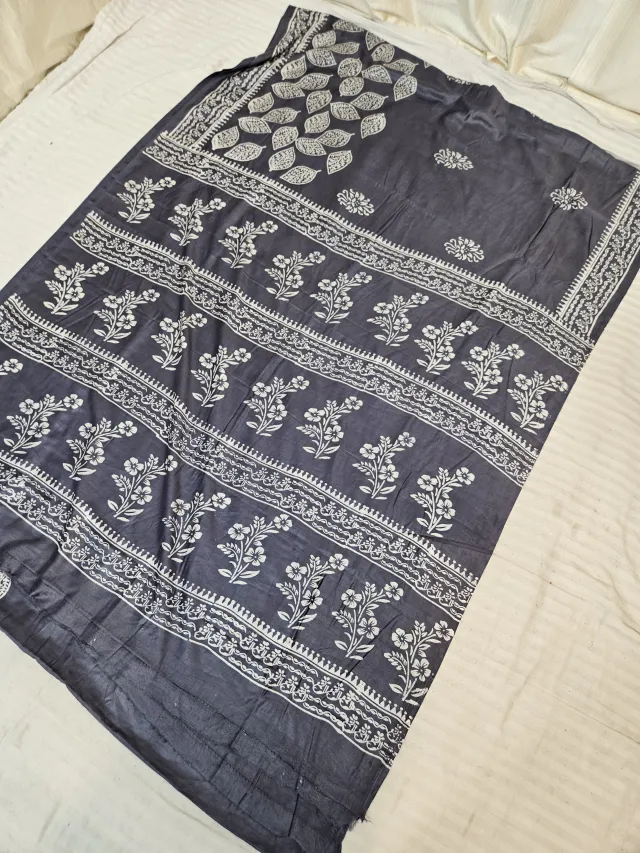 Charcoal Grey Hand Block Printed Bafta Silk Saree with Floral Sprigs and Botanical Aancha
