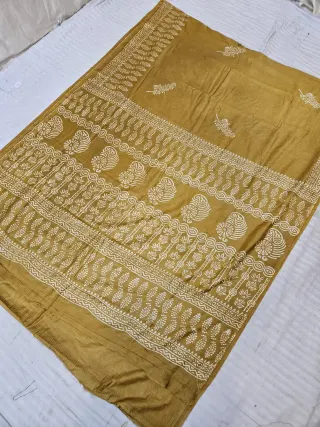 Mustard Yellow Hand Block Printed Bafta Silk Saree with Paisley Kalkas and Botanical Aancha