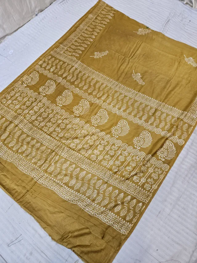 Mustard Yellow Hand Block Printed Bafta Silk Saree with Paisley Kalkas and Botanical Aancha