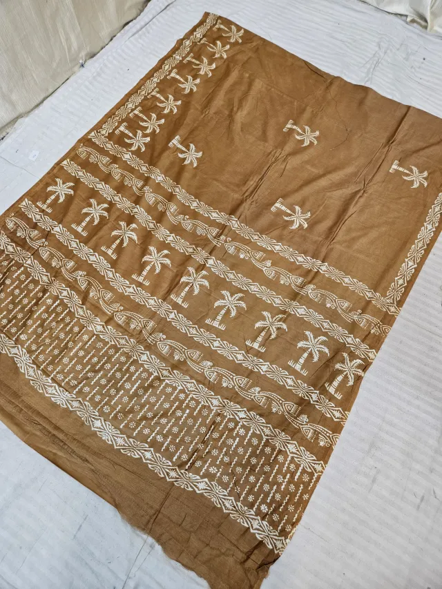 Caramel Brown Hand Block Printed Bafta Silk Saree with Palm Tree Motifs and Traditional Pallu