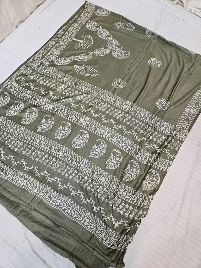 Olive Green Hand Block Printed Bafta Silk Saree with Paisley Kalkas and Botanical Aanchal
