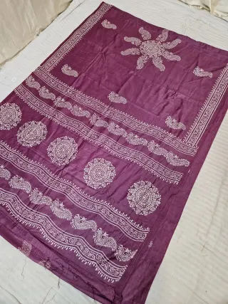 Plum Purple Hand Block Printed Bafta Silk Saree with Mandala Chakras and Paisley Aanchal