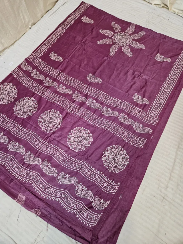 Plum Purple Hand Block Printed Bafta Silk Saree with Mandala Chakras and Paisley Aanchal