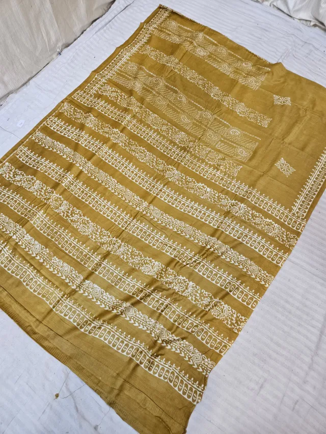 Mustard Yellow Hand Block Printed Bafta Silk Saree with Geometric Borders and Botanical Aanchal