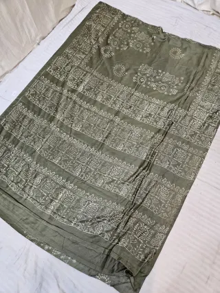 Olive Green Hand Block Printed Bafta Silk Saree with Tribal Folk Art and Botanical Aanchal
