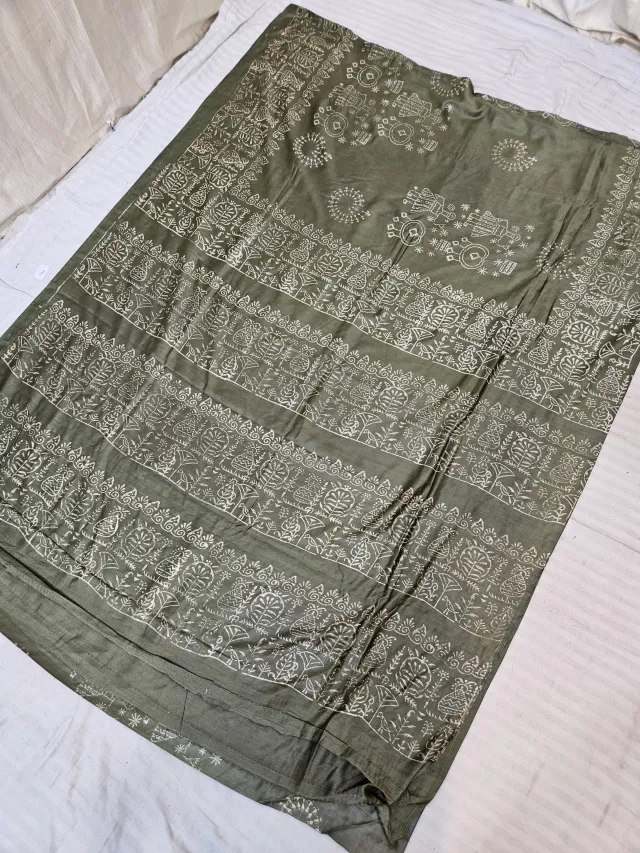 Olive Green Hand Block Printed Bafta Silk Saree with Tribal Folk Art and Botanical Aanchal