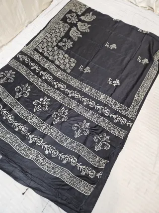 Jet Black Hand Block Printed Bafta Silk Saree with Floral Vines and Traditional Aanchal