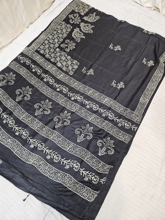 Jet Black Hand Block Printed Bafta Silk Saree with Floral Vines and Traditional Aanchal
