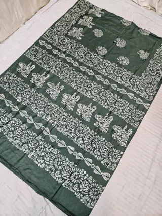 Moss Green Hand Block Printed Bafta Silk Saree with Indian Folk Art and Traditional Aanchal