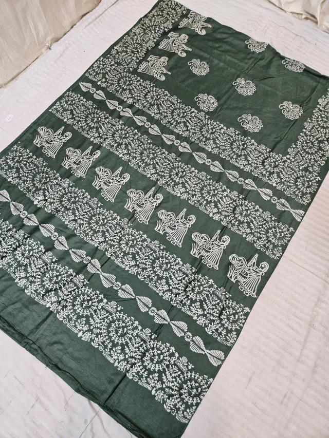 Moss Green Hand Block Printed Bafta Silk Saree with Indian Folk Art and Traditional Aanchal