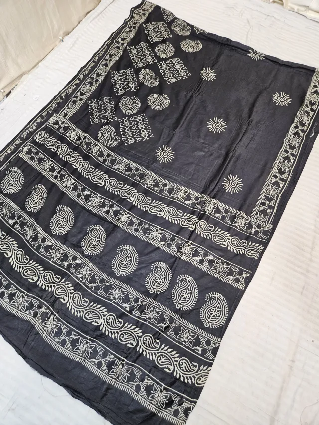 Jet Black Hand Block Printed Bafta Silk Saree with Paisley Kalkas and Sunburst Motifs