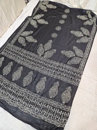 Jet Black Hand Block Printed Bafta Silk Saree with Paisley Kalkas and Traditional Aanchal