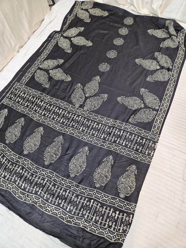 Jet Black Hand Block Printed Bafta Silk Saree with Paisley Kalkas and Traditional Aanchal