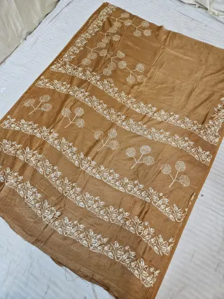 Caramel Brown Hand Block Printed Bafta Silk Saree with Dandelion Sprigs and Botanical Aanchal