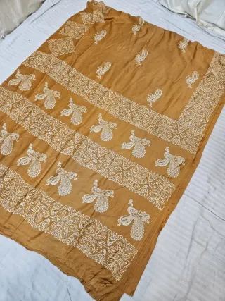 Mustard Yellow Hand Block Printed Bafta Silk Saree with Dancing Peacock Motifs and Traditional Aanchal