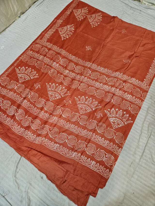Rust Orange Hand Block Printed Bafta Silk Saree with Geometric Fan Motifs and Traditional Aanchal