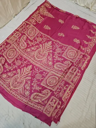 Rani Pink Hand Block Printed Bafta Silk Saree with Paisley Kalkas and Traditional Aanchal