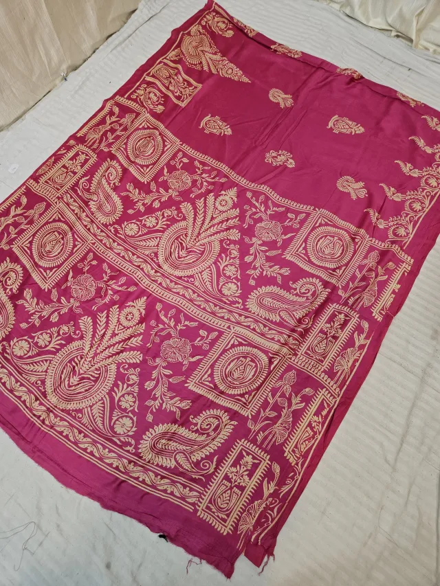 Rani Pink Hand Block Printed Bafta Silk Saree with Paisley Kalkas and Traditional Aanchal