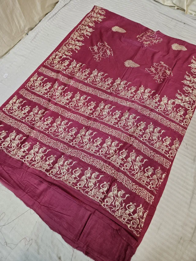 Wine Berry Hand Block Printed Bafta Silk Saree with Indian Folk Dancers and Traditional Aanchal