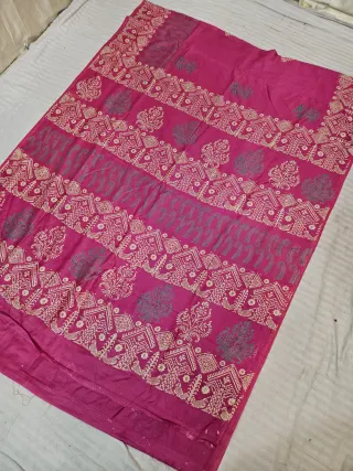 Rani Pink Hand Block Printed Bafta Silk Saree with Architectural Panels and Floral Motifs