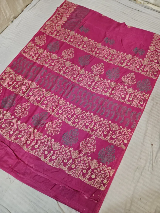 Rani Pink Hand Block Printed Bafta Silk Saree with Architectural Panels and Floral Motifs