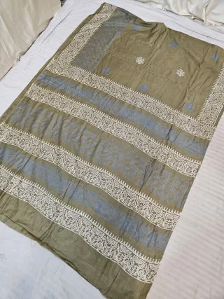 Mehndi Green Hand Block Printed Bafta Silk Saree with Paisley Kalkas and Traditional Aanchal